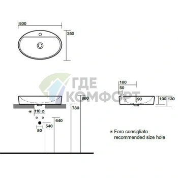 Раковина KERASAN Lavabi овальная 50x35см накладная с 1 отв под смесительитель цвет белый - фото 2