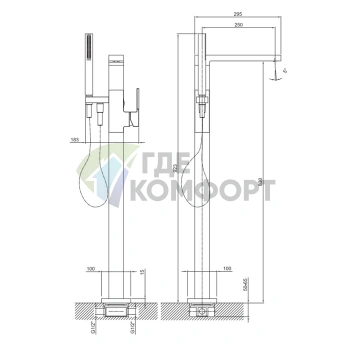 Напольный смеситель для ванны Fantini AR/38 с ручным душем (хром) (38 02 3380SB) - фото 2