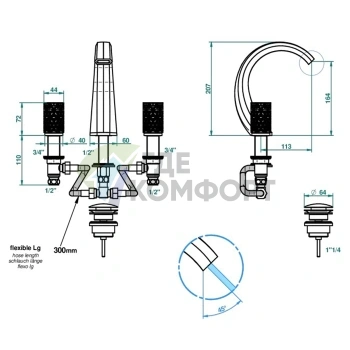 Смеситель для раковины THG NIHAL PORCELAINE IVOIRE на 3 отверстия с донным клапаном в цвете Soft Gold (U2N-F30-151) - фото 2