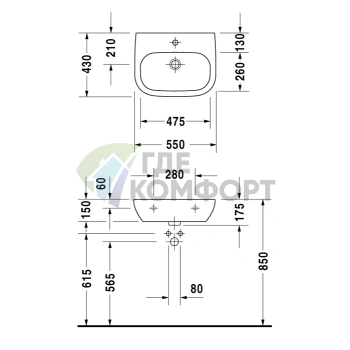 Медицинская раковина Duravit D-Code без перелива, 550x430 мм, белая (23115500002) - фото 2