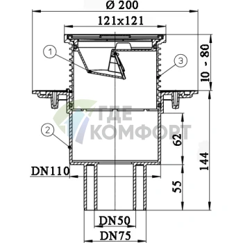 Трап HL310N.2-3000 с решеткой 115x115 мм-незамерзающим затвором и вертикальным выпуском DN50/75/110 - фото 3