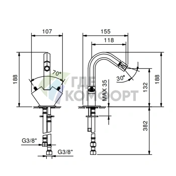Смеситель для биде Fantini Venezia: двухвентильный без ручек в стиле ретро, цвет Matt Gun Metal (29 P5 N462SWF) - фото 2