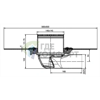 Трап HL5100TH с решеткой 138x138 мм-с приварным полимербитумным полотном-незамерзающим затвором и горизонтальным выпуском - фото 3