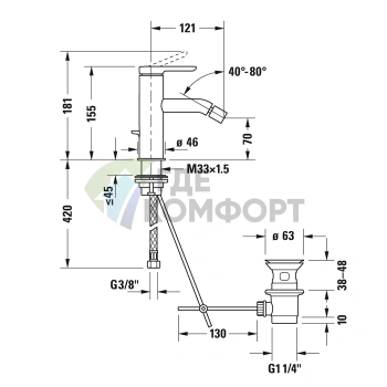 Смеситель для биде Duravit C.1 с донным клапаном, 1 отверстие, излив 121 мм, хром (C12400001010) - фото 2