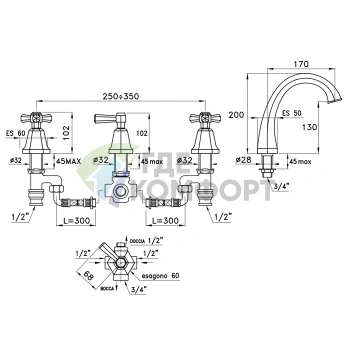 Смеситель для ванны Stella Eccelsa на 4 отверстия, хром (модель 3256TRTC) (EC 02312 CR00) - фото 2