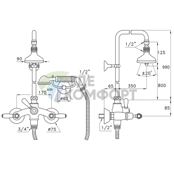 Душевой комплект Stella Italica Leve 3284/33-90: смеситель, штанга с ручным и верхним душем 90 мм, хром (IL 02510 CR00) - фото 2
