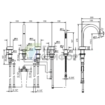 Смеситель для ванны Fantini Nice с ручным душем, 5 отверстий, хром (65 02 S065S) - фото 2