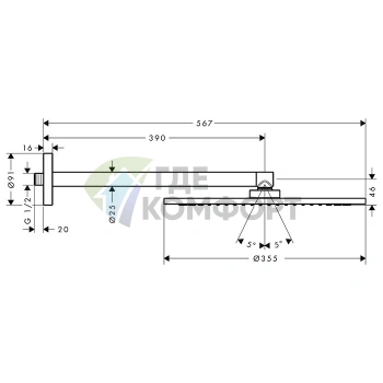 Верхний душ AX 350 мм с держателем 390 мм в шлифованном золоте (26034250) - фото 2