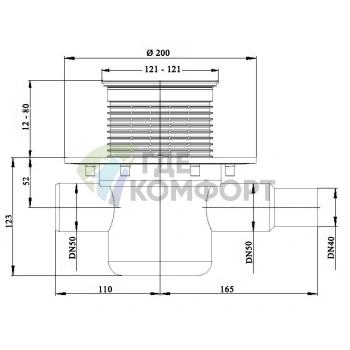 Трап HL300-3000 с решеткой 115x115 мм-с обратным клапаном-с дополнительным входом DN50 и горизонтальным выходом DN40 - фото 3
