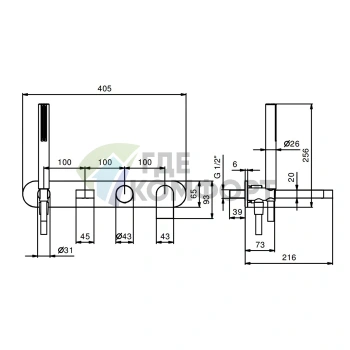 Встраиваемый смеситель Fantini Mare для ванны с ручным душем (хром) (51 02 V021B) - фото 2