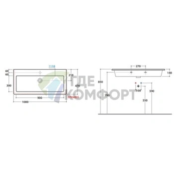 Раковина GLOBO Forty3 подвесная или на мебель 100х47х14см белая - фото 2