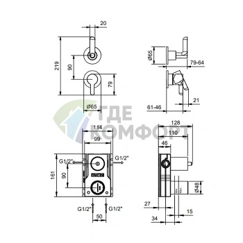 Встраиваемый однорычажный смеситель для душа FANTINI ICONA DECO с переключателем на 2 потока, хром (53 02 R685B) - фото 2
