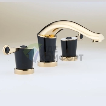 Смеситель THG Bagatelle Pierre Noire для раковины на 3 отверстия с донным клапаном, черные ручки, полированное золото (U3F-F01-151) - фото 1