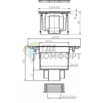 Трап HL310N-SML с решеткой 115x115 мм и вертикальным выпуском DN50 манжетой для соединения с SML трубой - фото 3