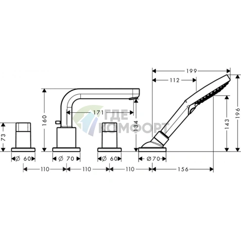 Смеситель для ванны Hansgrohe Metris S на 4 отверстия с ручным душем 3jet (31446000) - фото 2