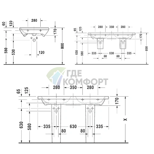 Двойная раковина Duravit DuraStyle 1300 мм с переливом для встраивания в мебель (2338130000) - фото 2