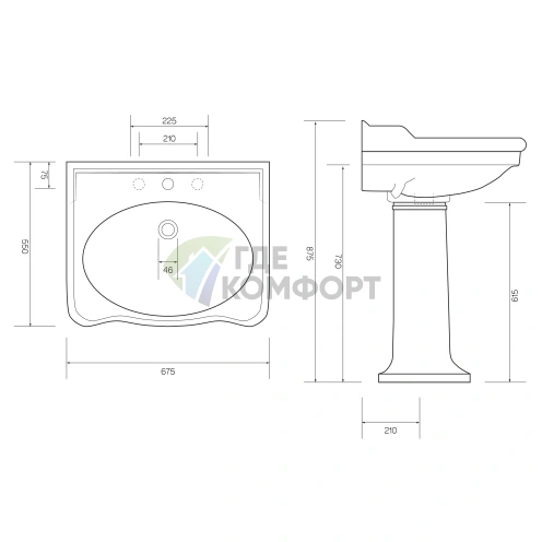 Раковина TW Bristol 68x55 см с тремя отверстиями белого цвета - фото 2
