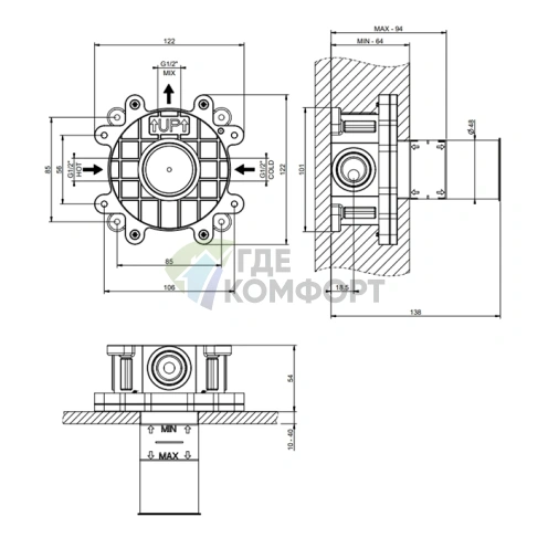 Встраиваемая часть однорычажного настенного смесителя GESSI в брашированной стали (63412#239) - фото 2