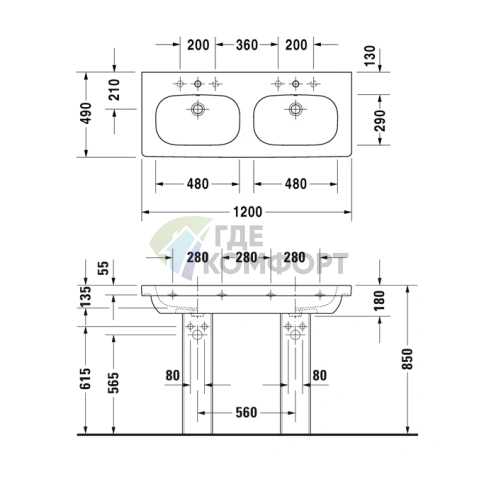 Двойная раковина Duravit D-Code для мебели с переливом, 1200x490 мм, белого цвета (3481200002) - фото 2