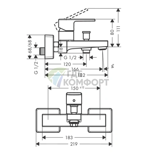 Смеситель для ванны Hansgrohe Vernis Shape встраиваемый с переключателем — матовый черный (71450670) - фото 2