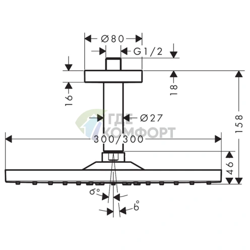 Верхний душ Hansgrohe Raindance E 300 300x300 мм с потолочным креплением, хром (26250000) - фото 2