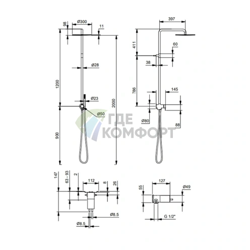 Смеситель для душа Fantini Nostromo: встраиваемая конструкция на 2 выхода с верхним душем, хром (86 02 8114B) - фото 2