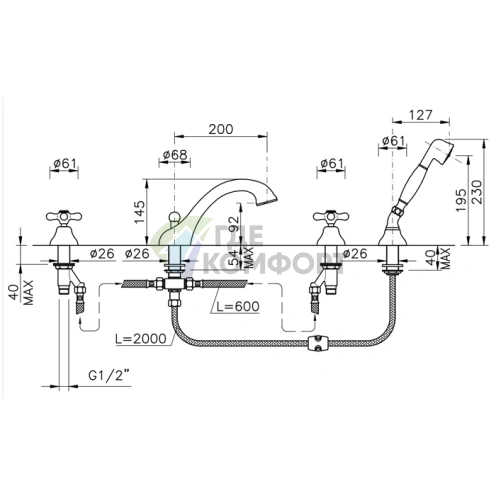 Смеситель для ванны Nicolazzi Nuova Brenta на 4 отверстия с душевой лейкой (хром) (2504CR) - фото 2