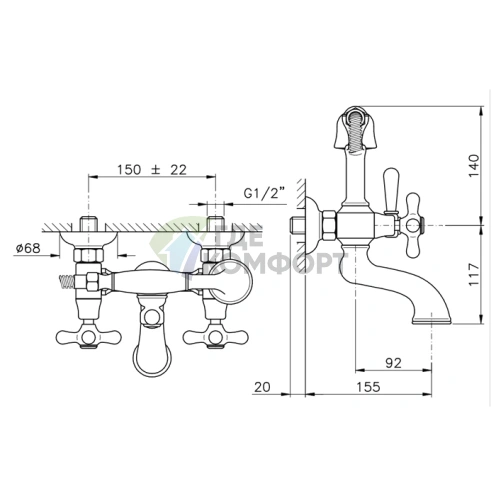 Настенный смеситель для ванны Nicolazzi Nuova Brenta с двумя ручками и душевой лейкой в тёмной бронзе (2501DB) - фото 2