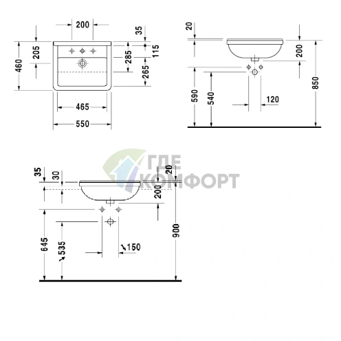 Полувстраиваемая раковина Duravit Starck III 55x46 см с переливом, белая (310550000) - фото 2