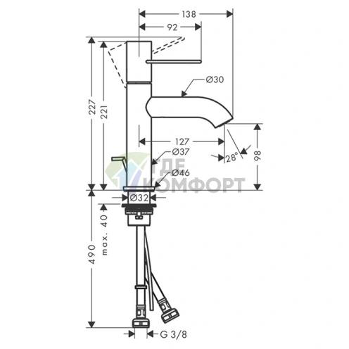 Смеситель для раковины AX Uno с донным клапаном, высокий излив 130 мм, хром (38023000) - фото 2