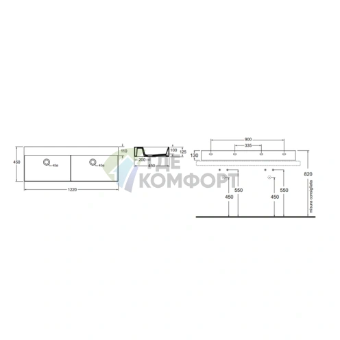 Подвесная раковина AZZURRA ELEGANCE 122 см, белая, без отверстия под смеситель - фото 2