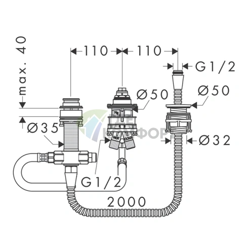 Встраиваемая часть смесителя HG для борта ванны на 3 отверстия (13439180) - фото 2