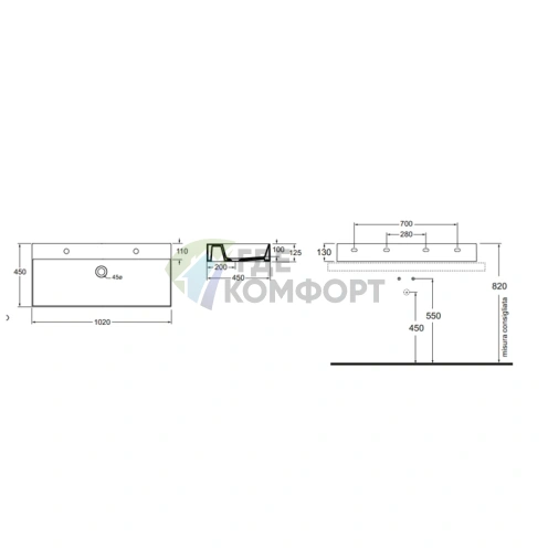 Подвесная раковина AZZURRA ELEGANCE 102x45 см белого цвета с отверстиями под смеситель - фото 2