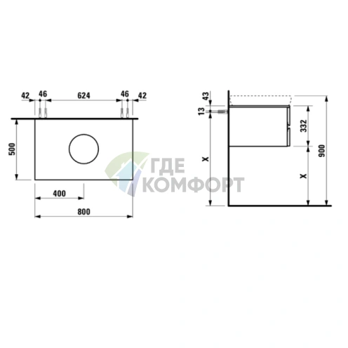 Тумба под раковину Laufen Alessi One 818972 с двумя выдвижными ящиками, 800×500×330 мм, цвет орех (4.2403.3.097.630.1) - фото 2