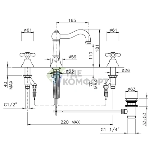 Смеситель для раковины Nicolazzi Nuova Brenta на 3 отверстия с донным клапаном и поворотным изливом 165 мм, хром (2527CR) - фото 2