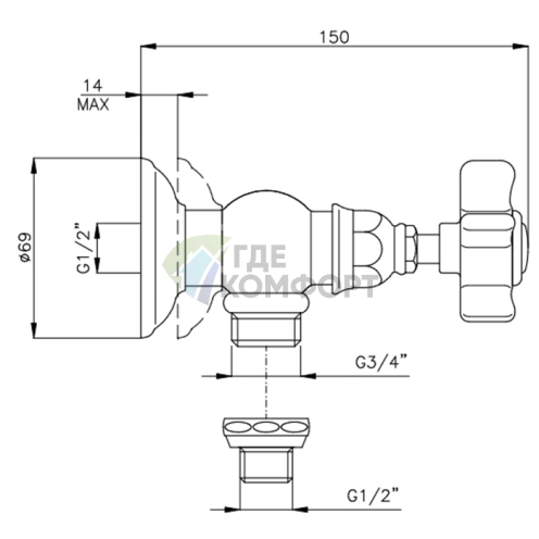 Запорный вентиль Nicolazzi Dames Anglaises 3/4 для стиральной машины, золото (1447GB18) - фото 2
