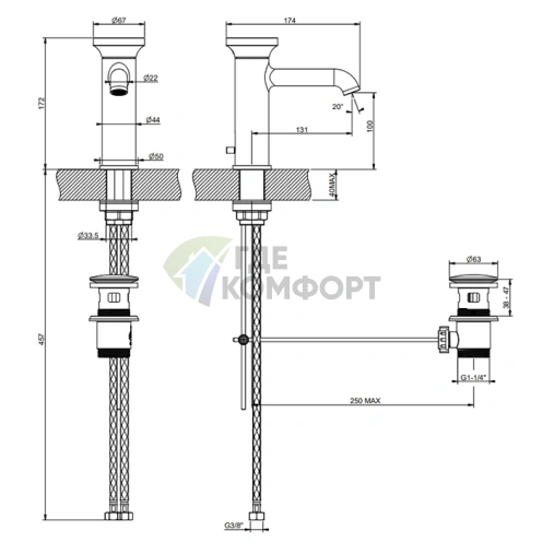 Смеситель для раковины GESSI Origini с донным клапаном, цвет Black Metal Brushed PVD (66001#707) - фото 2