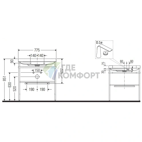 Консольная напольная раковина Duravit Happy D.2 Plus 775x490x850 мм в суперматовом графите (HP4837O8080) - фото 2
