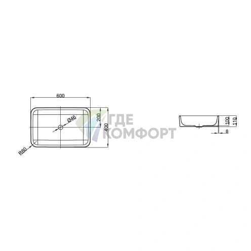 Раковина BETTEART на столешницу 60х40x11 см белая эмалированная без отверстий (A181-000) - фото 2