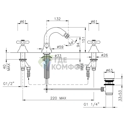 Смеситель для биде Nicolazzi Nuova Brenta на 3 отверстия с донным клапаном, хром (2515CR) - фото 2