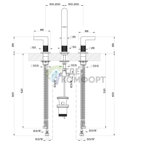 GESSI Inciso — Трехдырковый смеситель для раковины с донным клапаном в цвете Finox (58013#149) - фото 2