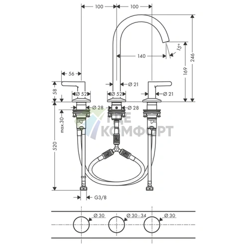Смеситель для раковины AX One 170 мм с системой открывания нажатием (3-отверстный, хром) (48050000) - фото 2