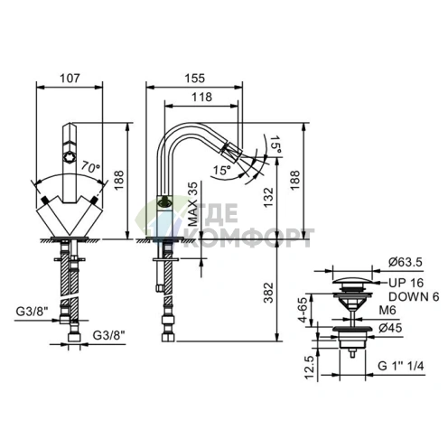 Смеситель для биде Fantini Venezia с донным клапаном, никель PVD (29 95 N462SF) - фото 2