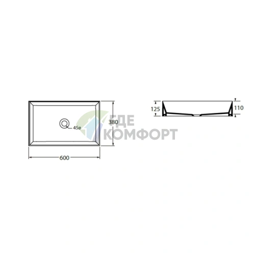 Подвесная раковина AZZURRA ELEGANCE Squared 60 см без отверстия, белая - фото 2