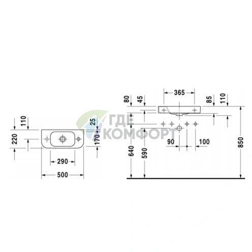 Раковина DURAVIT Happy D2 50х22 см белая с отверстием под смеситель справа без слива-перелива (711500008) - фото 2