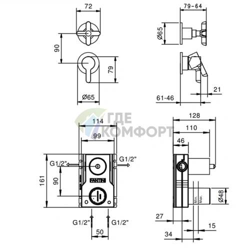 Встраиваемый смеситель для душа Fantini Icona Classic на 2 выхода, хром (53 02 R485B) - фото 2