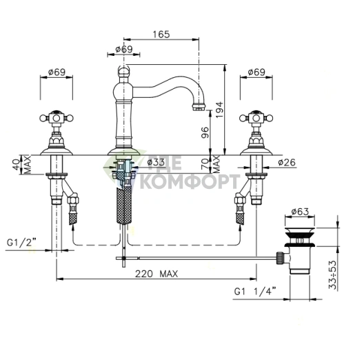 Смеситель для раковины Nicolazzi Dames Anglaises на 3 отверстия с донным клапаном в цвете тёмная бронза (1409DB18) - фото 2