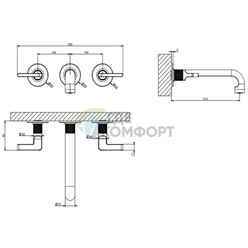 GESSI INCISO Встраиваемый смеситель для раковины на 3 отверстия с золотым покрытием (58090#246) - фото 2