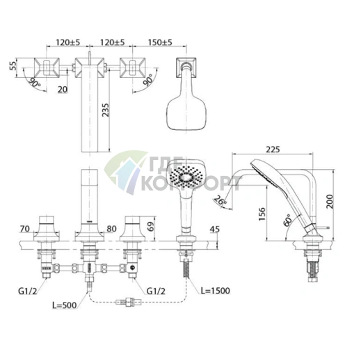 Смеситель для ванны TOTO GC с ручным душем, 4 отверстия, хром (TBG08202R) - фото 2