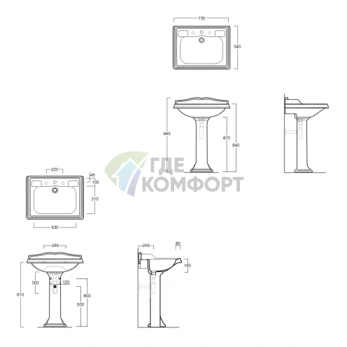 Раковина SIMAS Arcade 73 со спинкой и пьедесталом 73x54 см, 3 отв., белый - фото 2